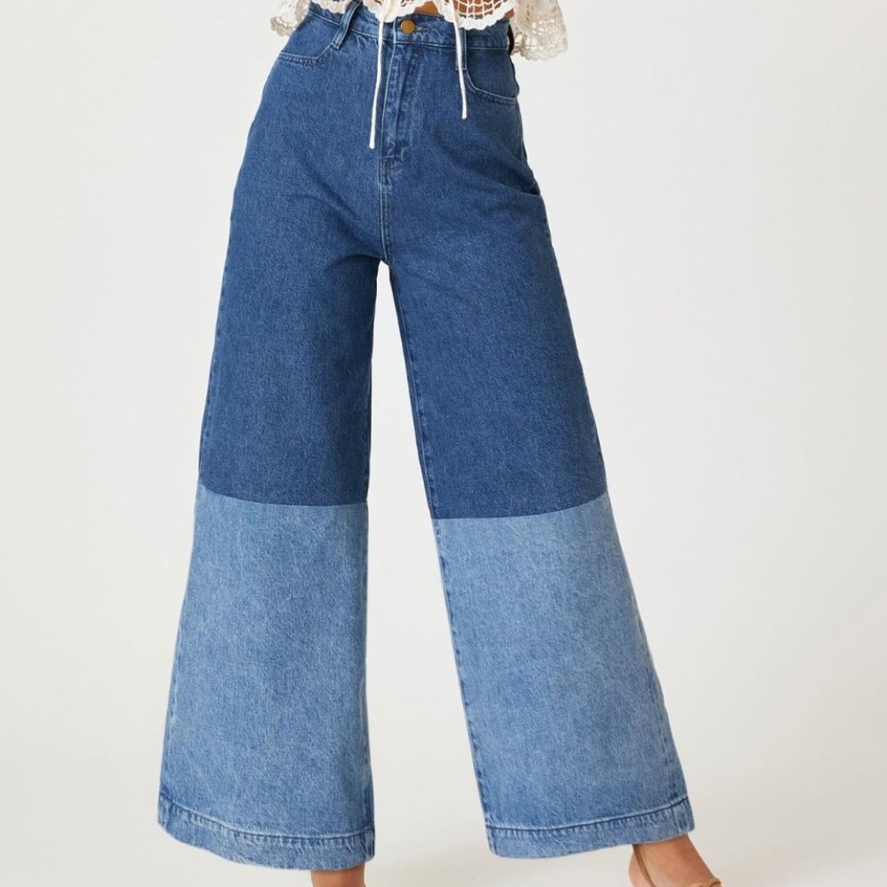 NWT Anthropologie Triarchy High Rise 2 Tone Barrel Wide Leg Crop Jeans Size 32